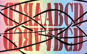 Seven dark lines move from left to right across a dark red text block of mirrored and reflected letters.