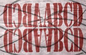 Seven dark lines move from left to right across a dark red text block of mirrored and reflected letters.