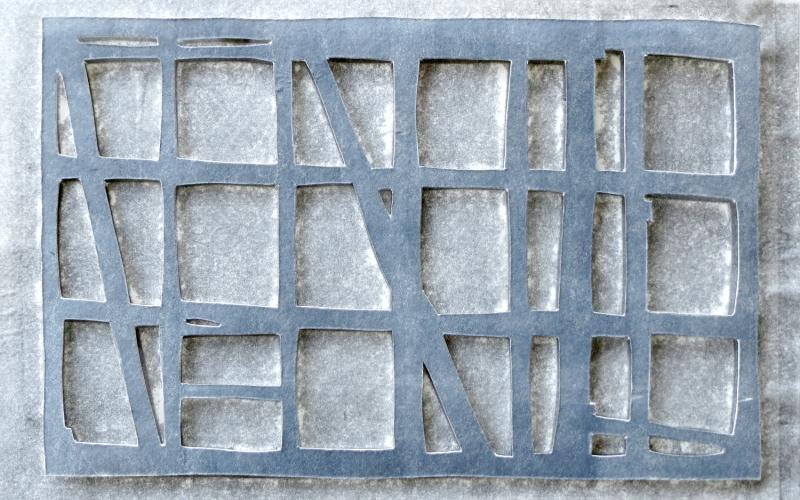 gray horizontal grid, 3 rows high, 6 rows wide, over gray rectangles in range of tones. Gray Frame / Foggy Sky by Bill Brookover