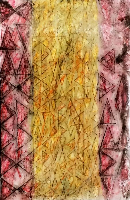 Multi-color triangles arranged in a vertical grid, overprinted in burgundy and gold