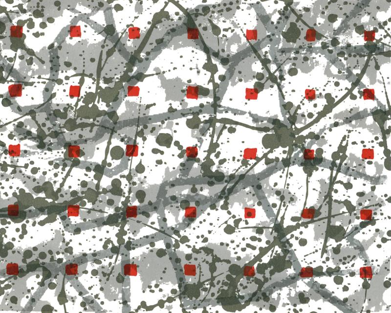 three layers of gray marks with widely spaced grid of small red squares on white