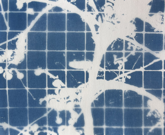 white vines moving across a grid of small blue squares