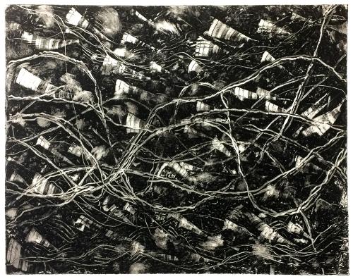 curving white lines and white flecks on black background