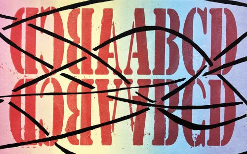 Seven dark lines move from left to right across a dark red text block of mirrored and reflected letters.