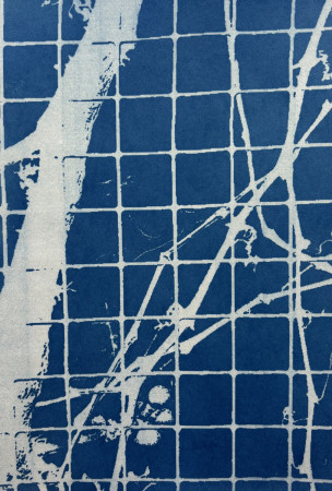 white vines moving across a grid of small blue squares