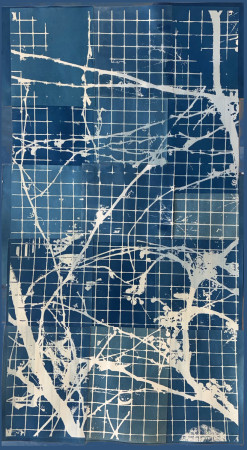 white vines moving across a grid of small blue squares